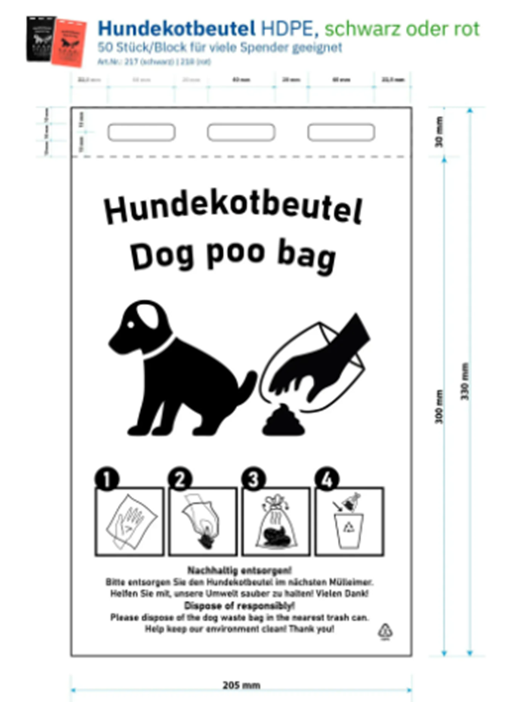 HDPE Hundekotbeutel, schwarz, mit weissem Druck - 1