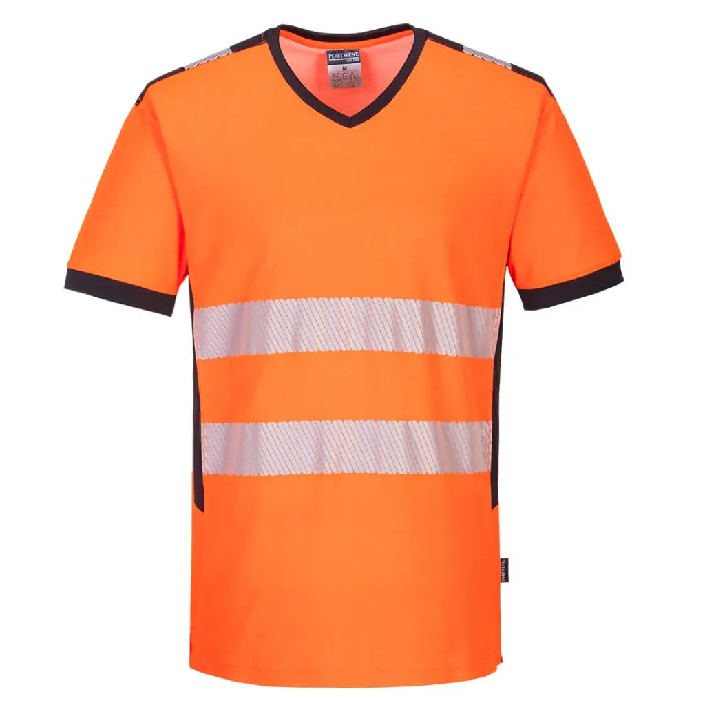 [PW310OBRS] T-Shirt mit V-Ausschnitt und Mesheinsatz PW310 (Orange / Schwarz, S)